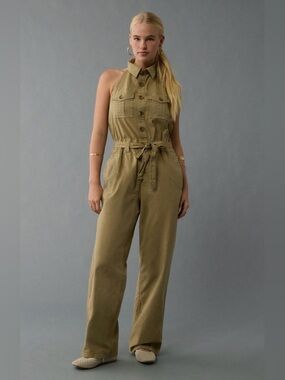NWT American Eagle ($84.95) Collared Halter Jumpsuit in Olive XL
